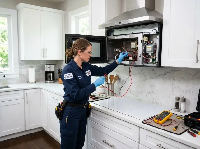 Appliance Repair Hero technician testing an over-the-range microwave in a Belmond, IA kitchen